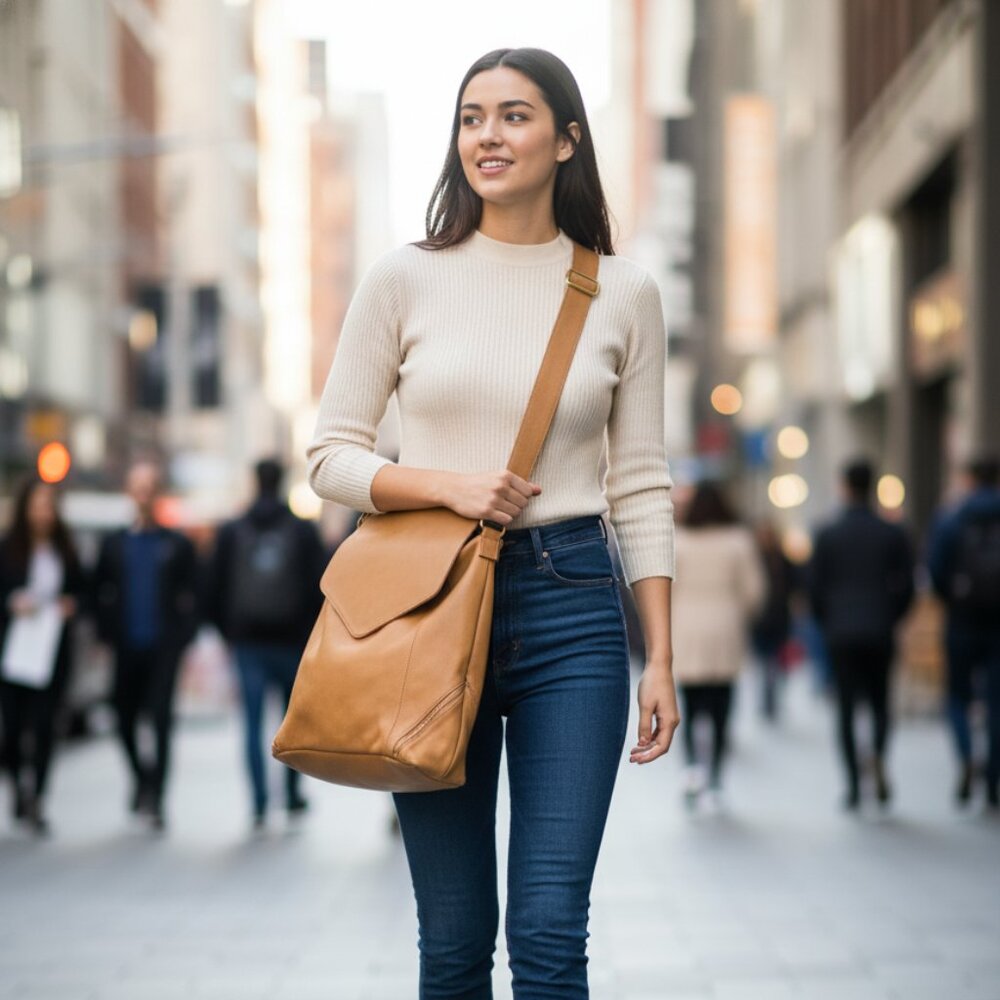 Leather Shoulder Bag in Tan - Classic Women's Crossbody